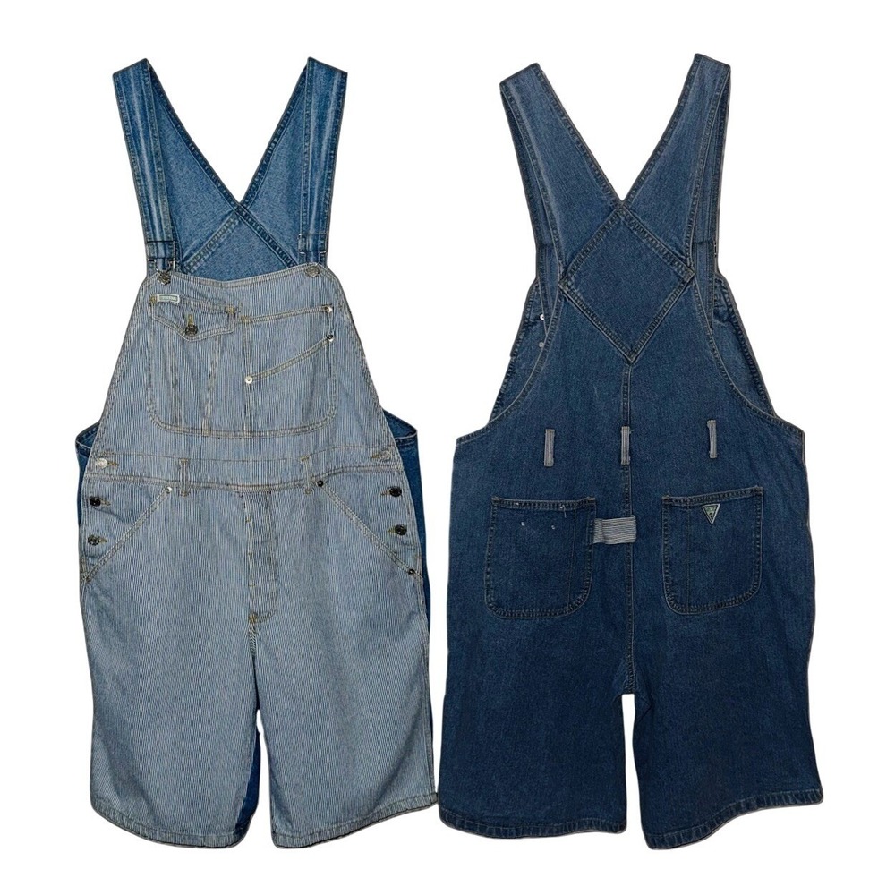 RARE 90s VTG Guess Georges Marciano Mens XL Denim Overall Short Railroad Stripe